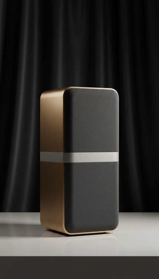 Designer home tech speaker with matte-black finish